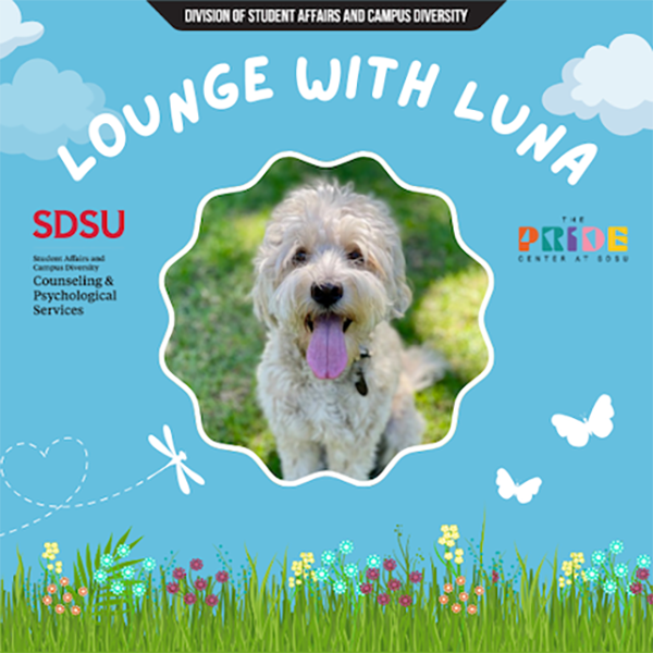 white dog with tongue sticking out and white text that says lounge with luna