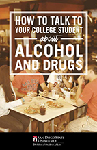 cover of guide book for how to talk to your college student about alchohol and drugs. Photo of students at bar.
